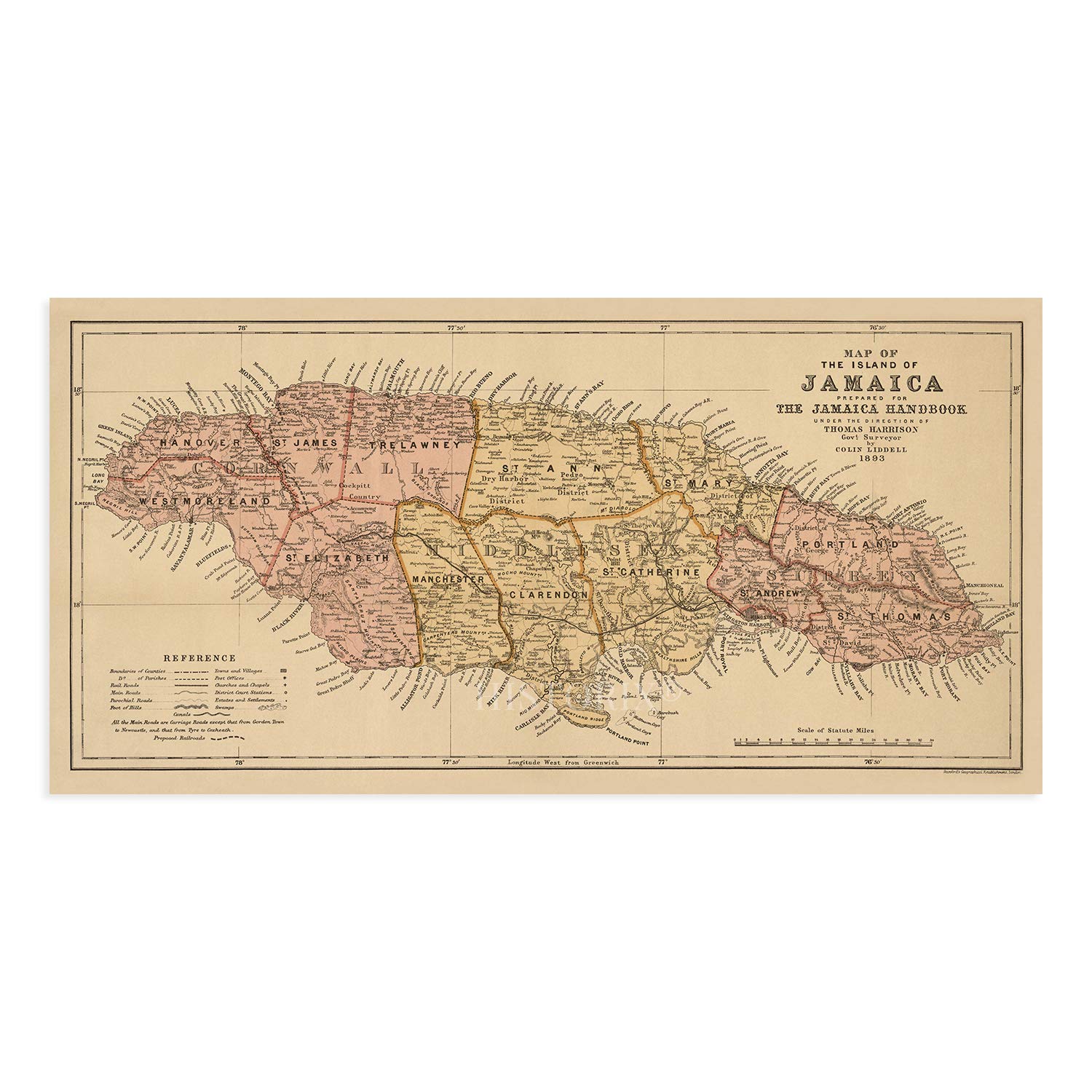 Amazon.com: HISTORIX Vintage 1893 Jamaica Map - 12x24 Inch Wall